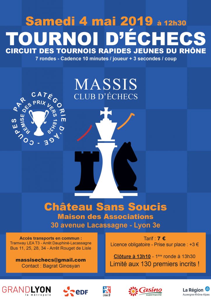 Affiche tournoi du Massis Club d'échecs lyon 3, mai 2019 - magali redon